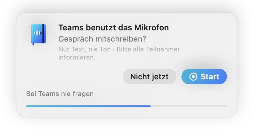 Kleines Fenster von SayLocal: Teams benutzt das Mikrofon – Gespräch mitschreiben? Mit den Knöpfen „Start“ und „Nicht jetzt“