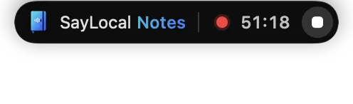 Indicator during recording: Transcribing, with elapsed time and a stop button