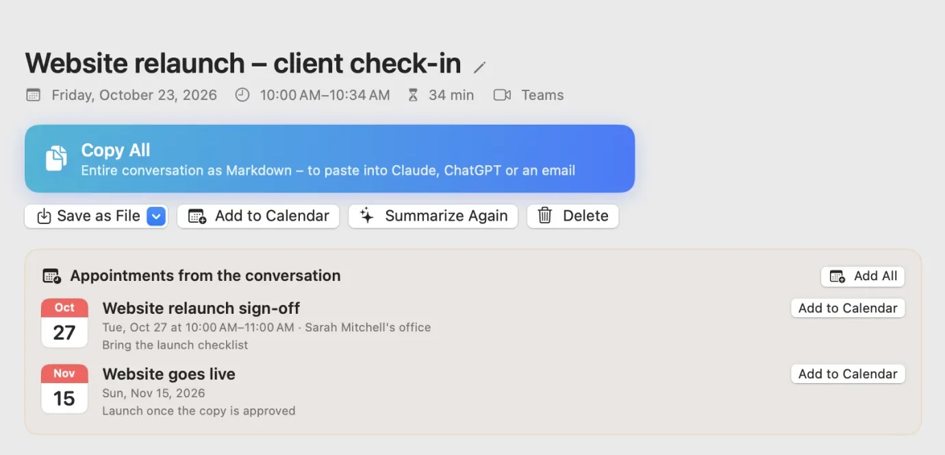 The Conversations window in SayLocal Notes: calendar, list of conversations and a conversation with AI summary, appointments and the Copy All button