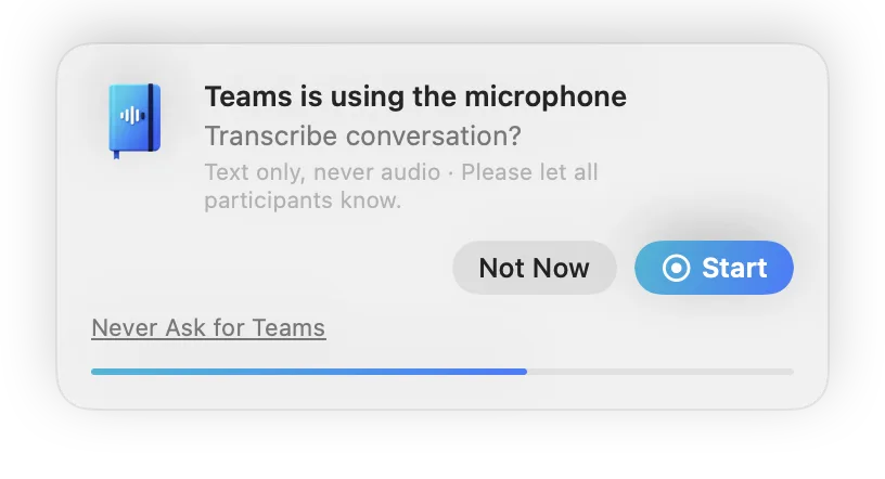 Small SayLocal window: Teams is using the microphone – transcribe conversation? With the buttons Start and Not Now