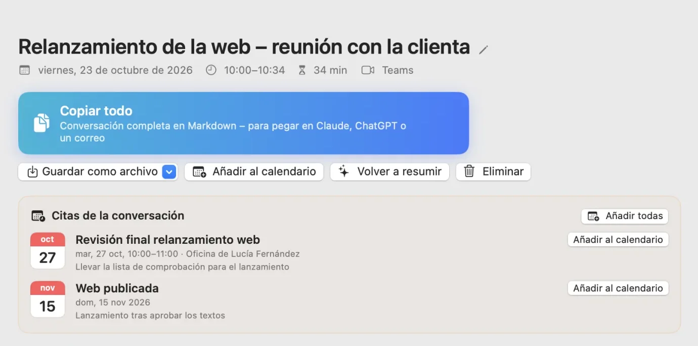 La ventana Conversaciones de SayLocal Notes: calendario, lista de conversaciones y una conversación con resumen con IA, citas y el botón Copiar todo