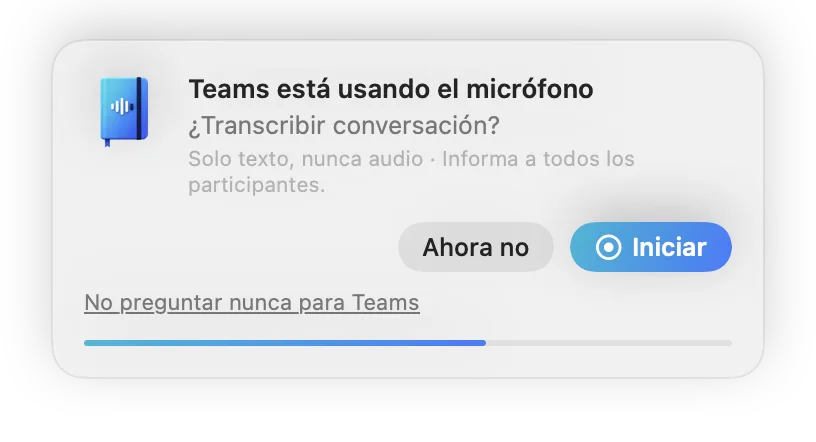 Pequeña ventana de SayLocal: Teams está usando el micrófono. ¿Transcribir conversación? Con los botones Iniciar y Ahora no