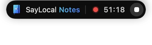 Indicateur pendant l’enregistrement : Transcription en cours, avec la durée et un bouton d’arrêt