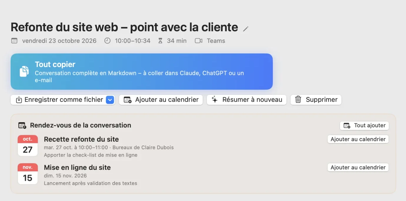 La fenêtre Conversations de SayLocal Notes : calendrier, liste des conversations et une conversation avec résumé IA, rendez-vous et le bouton Tout copier