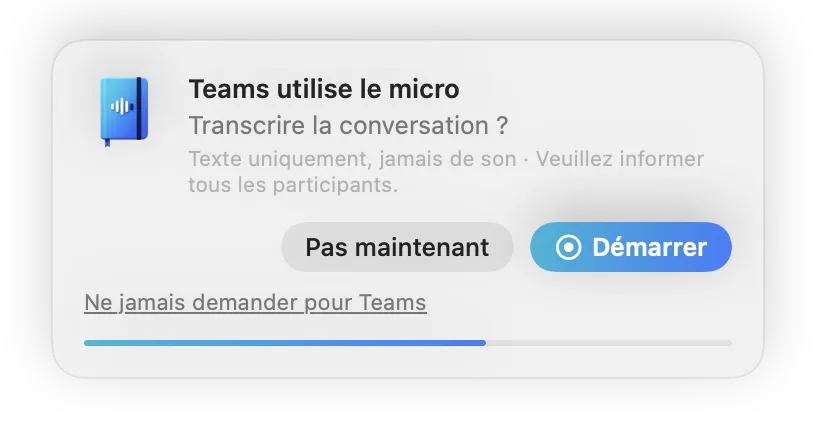Petite fenêtre de SayLocal : Teams utilise le micro – transcrire la conversation ? Avec les boutons Démarrer et Pas maintenant