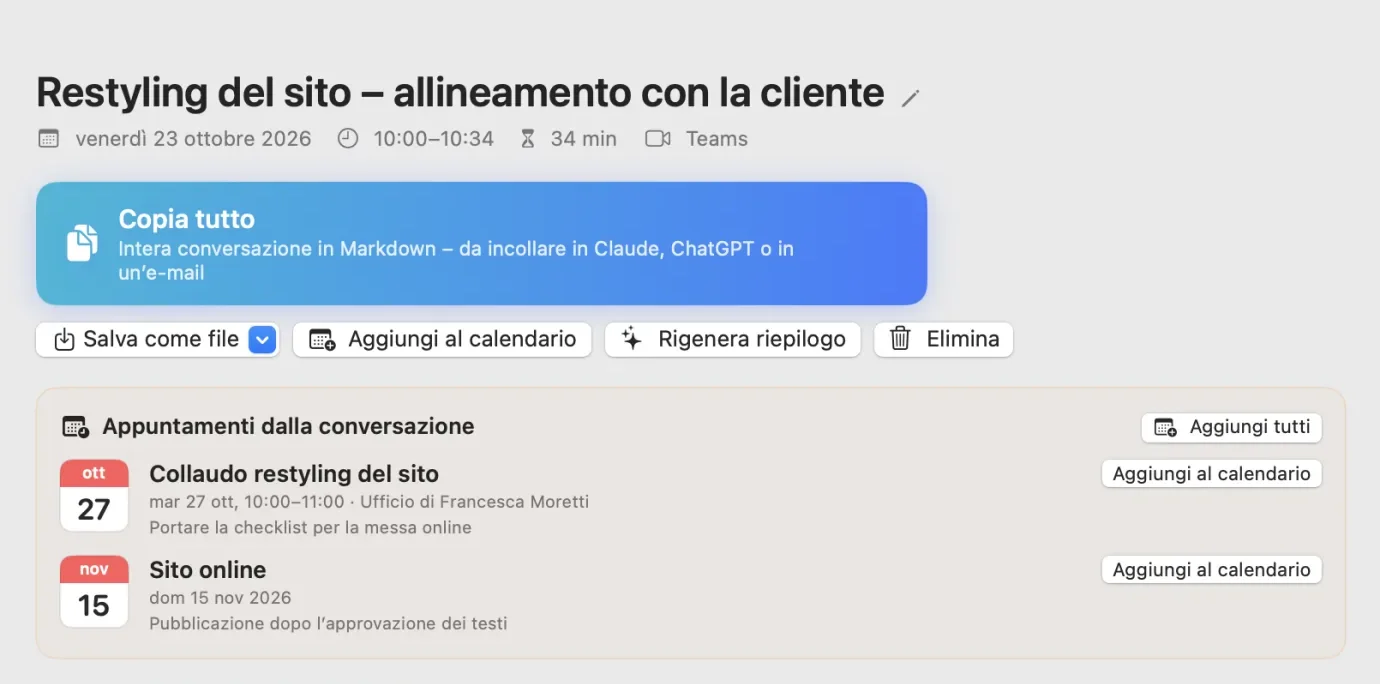 La finestra Conversazioni di SayLocal Notes: calendario, elenco delle conversazioni e una conversazione con riepilogo IA, appuntamenti e il pulsante Copia tutto