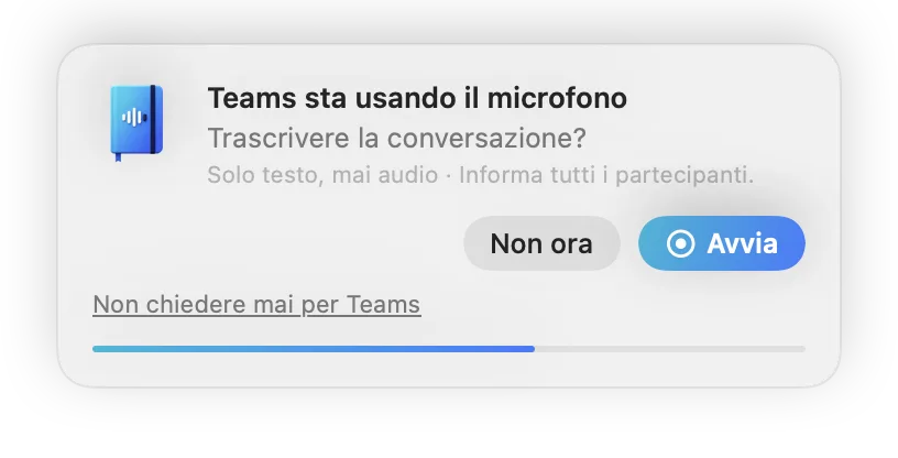 Piccola finestra di SayLocal: Teams sta usando il microfono – trascrivere la conversazione? Con i pulsanti Avvia e Non ora